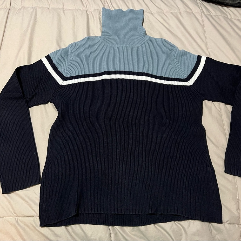 Casual Corner Light Blue and Navy Cowl Neck Sweater